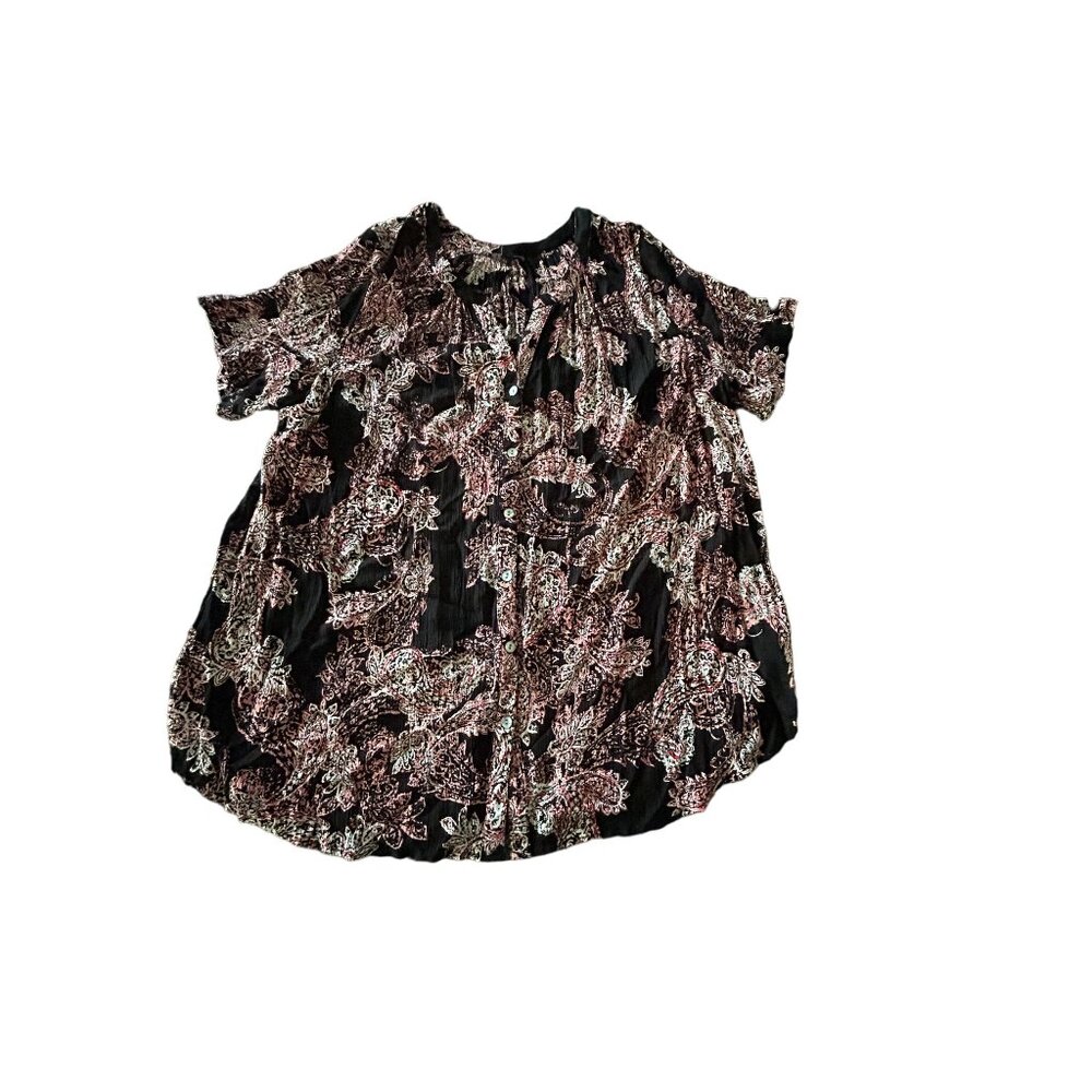 Roaman's Short Sleeve Blouse Size 30W Paisley Print Crinkle Rayon Black & Red